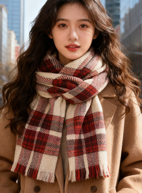 红色复古格子围巾女冬季经典百搭双面长款披肩韩版户外保暖围脖男