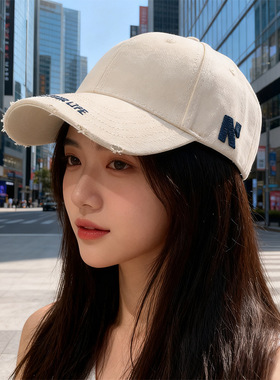 硬顶大头围帽子女简约字母棒球帽显脸小宽帽檐遮阳鸭舌帽男户外潮