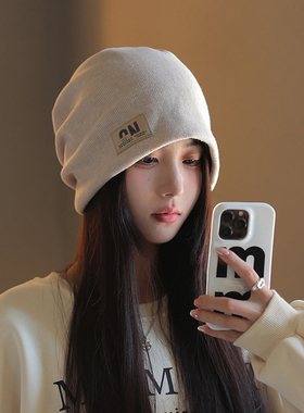 网红字母针织帽女防风防寒堆堆帽显脸小新款大头围冷帽产后月子帽