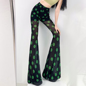 包臀微透高腰欧美高弹裤 网纱印花大喇叭裤 子防晒冰丝显瘦 薄款 夏季