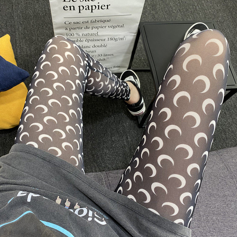 夏季月亮网纱打底裤印花透气网眼防晒弹力大码九分裤女月牙纱裤