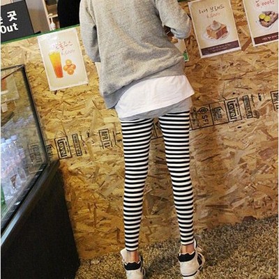 韩国时尚牛奶丝黑白横条纹打底裤