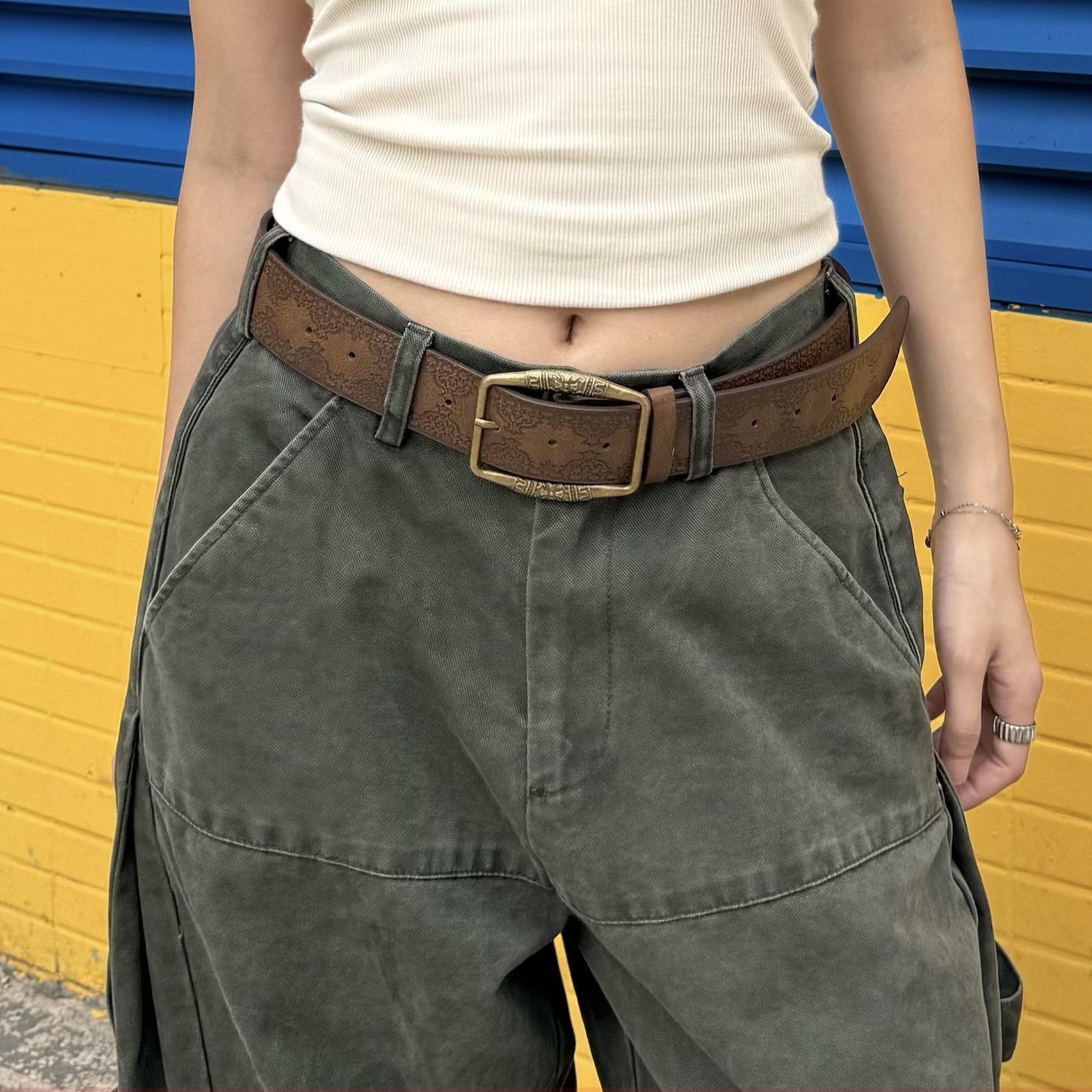 潮流新款美式复古y2k腰带女民族风皮带百搭高级感棕色配牛仔裤带