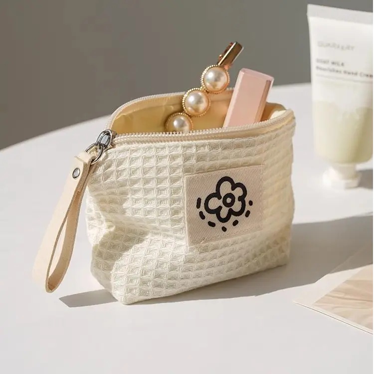 小花朵包包可爱简约华夫格零钱包小巧便携口红包化妆包拉链手腕包