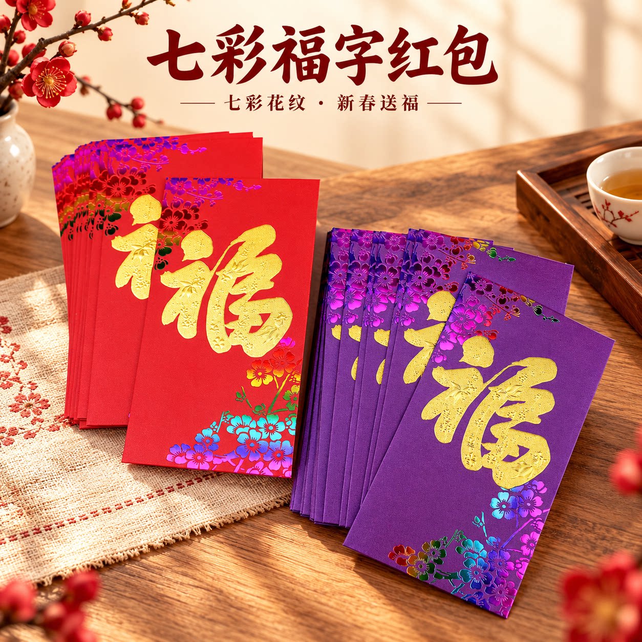 过年福字红包新年炫彩花卉烫金新年红包袋拜年压岁福气利是封定制