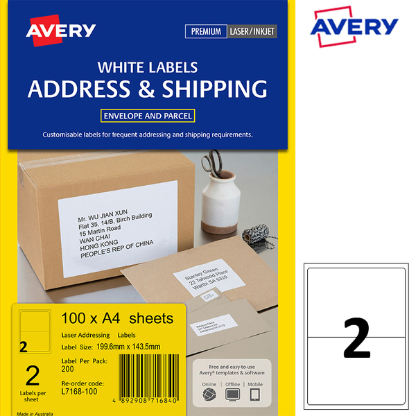 艾利（AVERY）快揭激光打印标签 邮寄标签 白色 A4 L7168 100张装