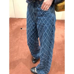 黑哥 菱格牛仔裤 上身敲显瘦！秋冬新款韩版宽松百搭直筒阔腿裤女