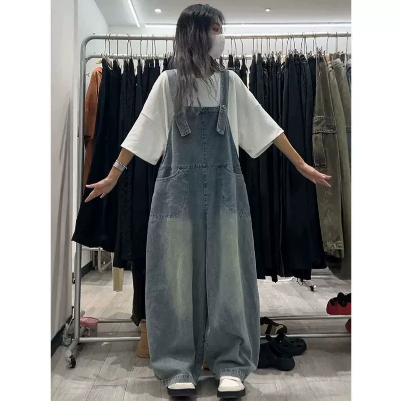 做旧直筒高腰阔腿牛仔背带裤女