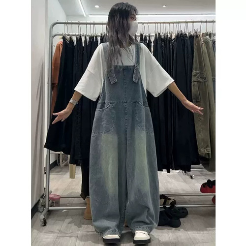 做旧直筒高腰阔腿牛仔背带裤女