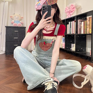 夏日可爱风爱心牛仔背带裤女2026春夏新款高腰显瘦宽松阔腿连体裤