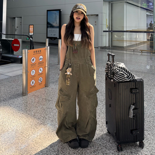 宽松显瘦休闲百搭阔腿连体长裤 甜酷复古绿色牛仔背带裤 女春秋新款