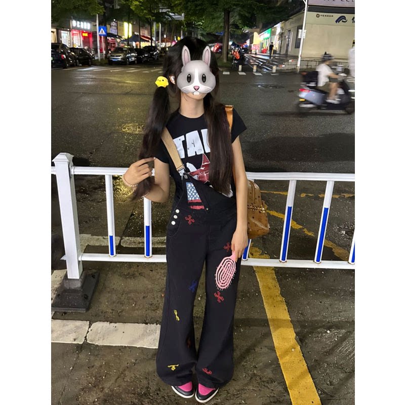美式复古印花高腰牛仔背带裤