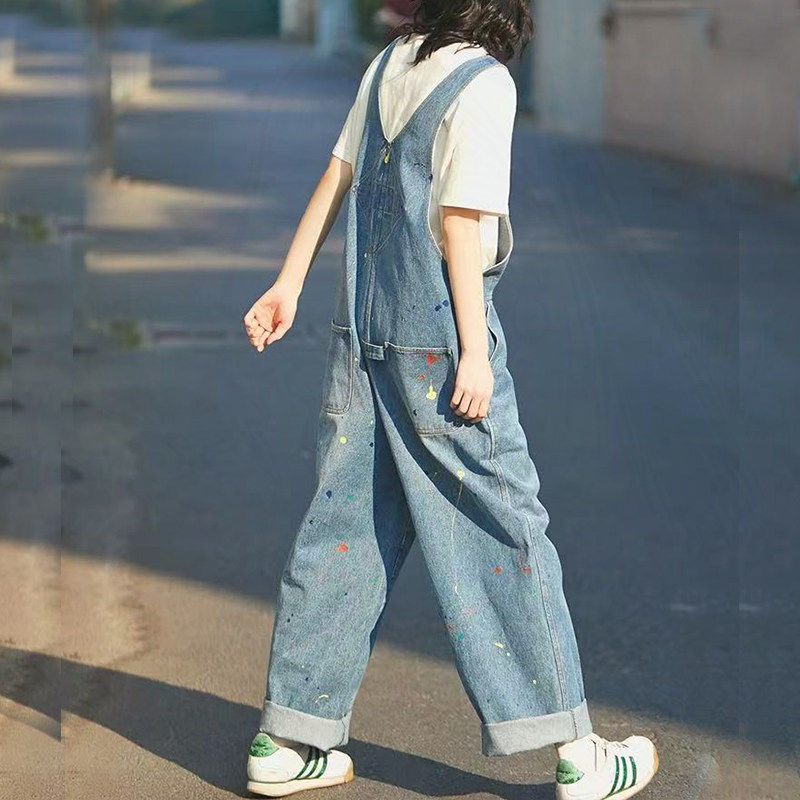 甜酷工装风牛仔裤背带裤女春夏新款涂鸦直筒宽松百搭减龄连体长裤