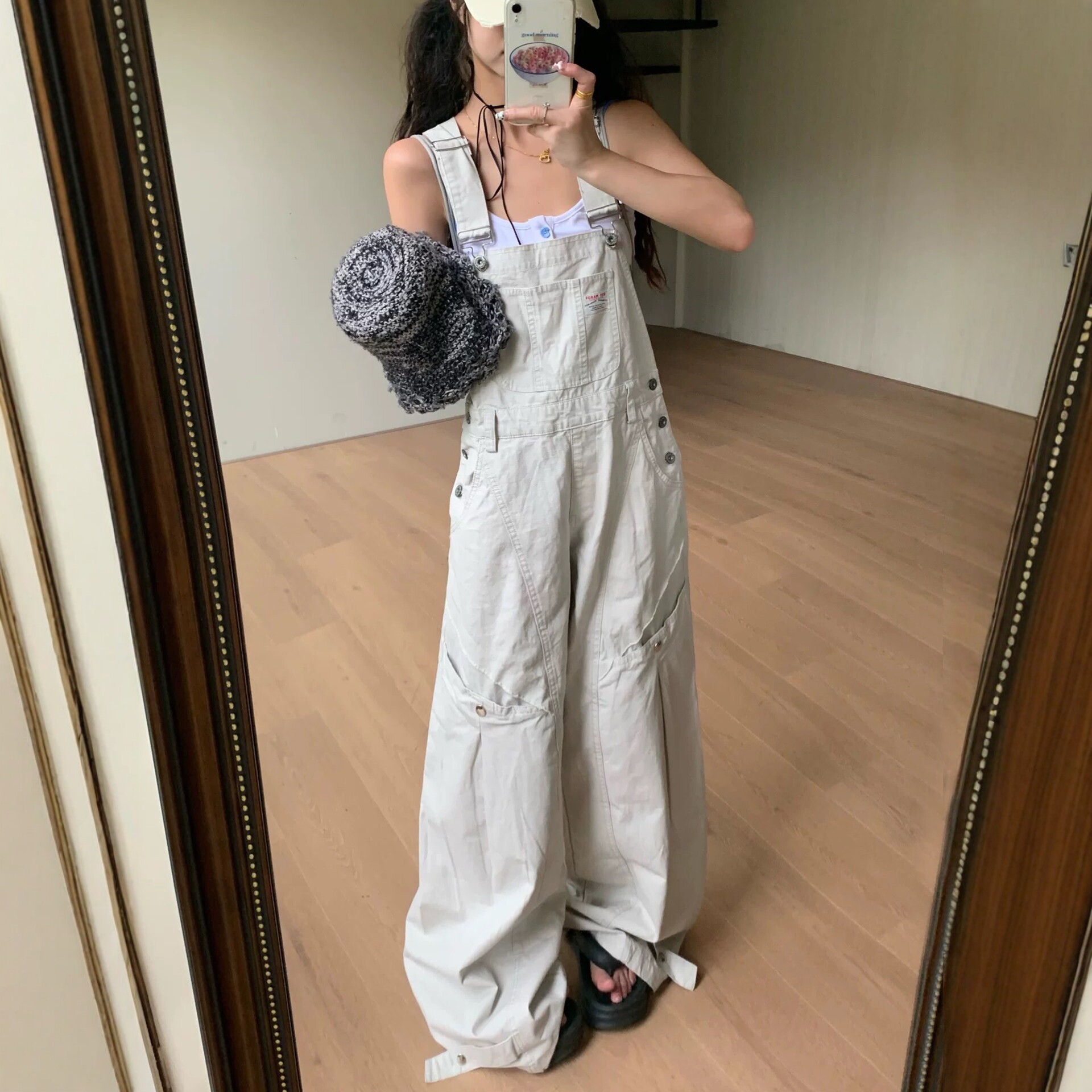 美式复古工装牛仔背带阔腿裤女