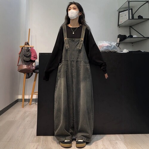 送退货宝做旧水洗牛仔背带裤女潮