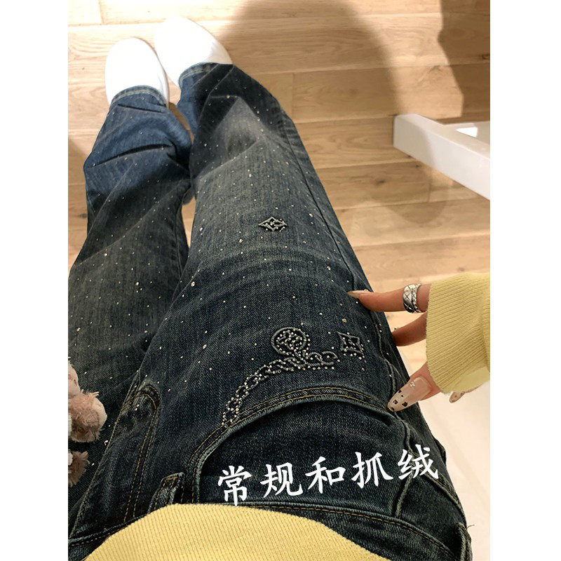 巴黎风复古手抓绒加绒牛仔裤