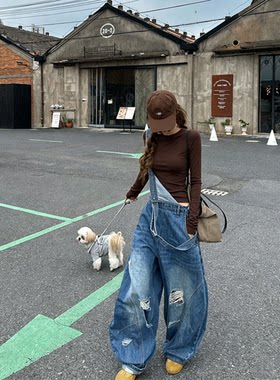 美式复古破洞牛仔背带阔腿裤女