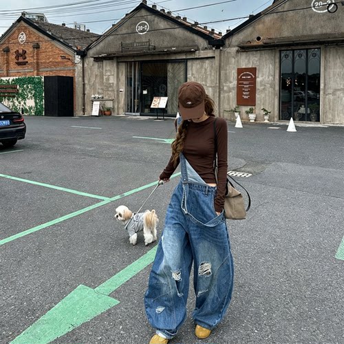 美式复古破洞牛仔背带阔腿裤女