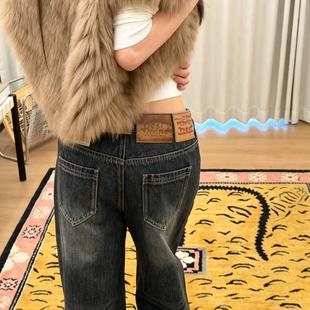 【皮标裤】手擦猫须做旧深灰色牛仔裤女秋冬季阔腿直简垂感长裤子