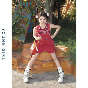 多巴胺牛仔背带裤女夏热裤工装甜辣多巴胺穿搭小个子宽松短裤套装