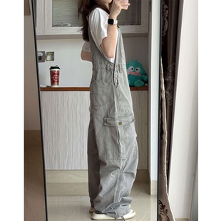 美式复古水洗做旧工装背带裤女秋冬设计感多口袋宽松直筒连体长裤