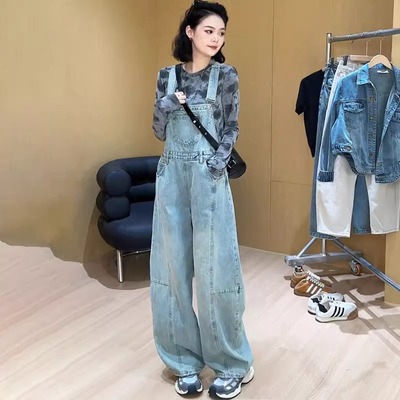 设计感复古牛仔背带裤女2024秋季新款宽松显瘦减龄百搭阔腿连体裤