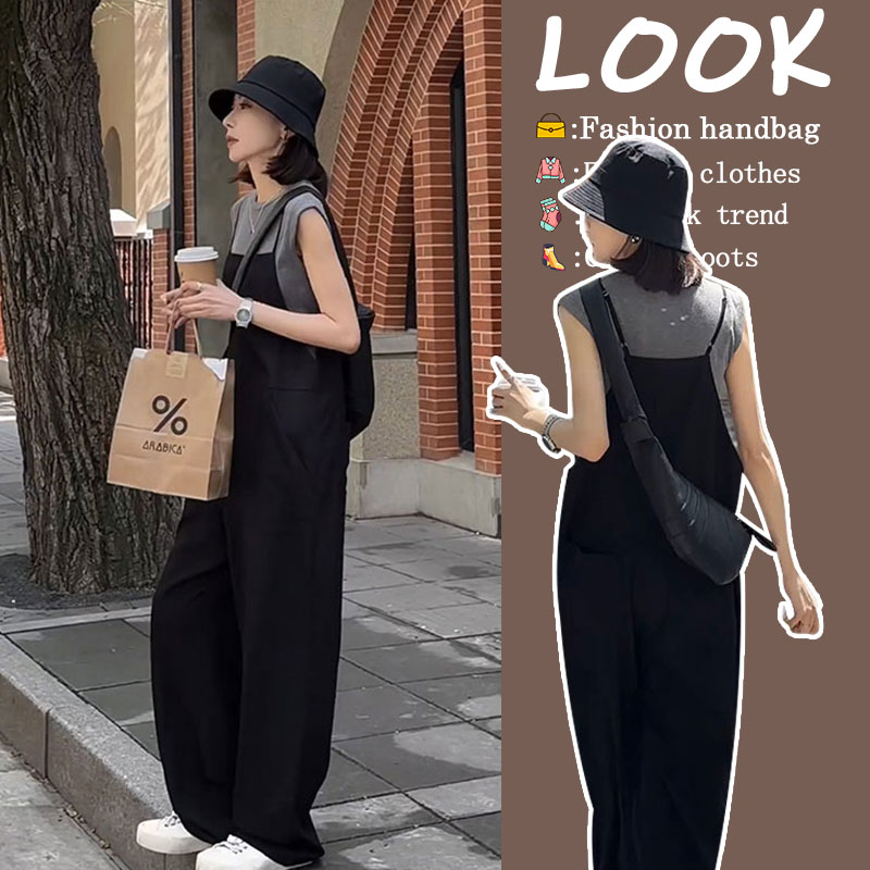 黑色吊带阔腿裤子女夏季2024新款薄款背带裤宽松显瘦休闲连体裤子