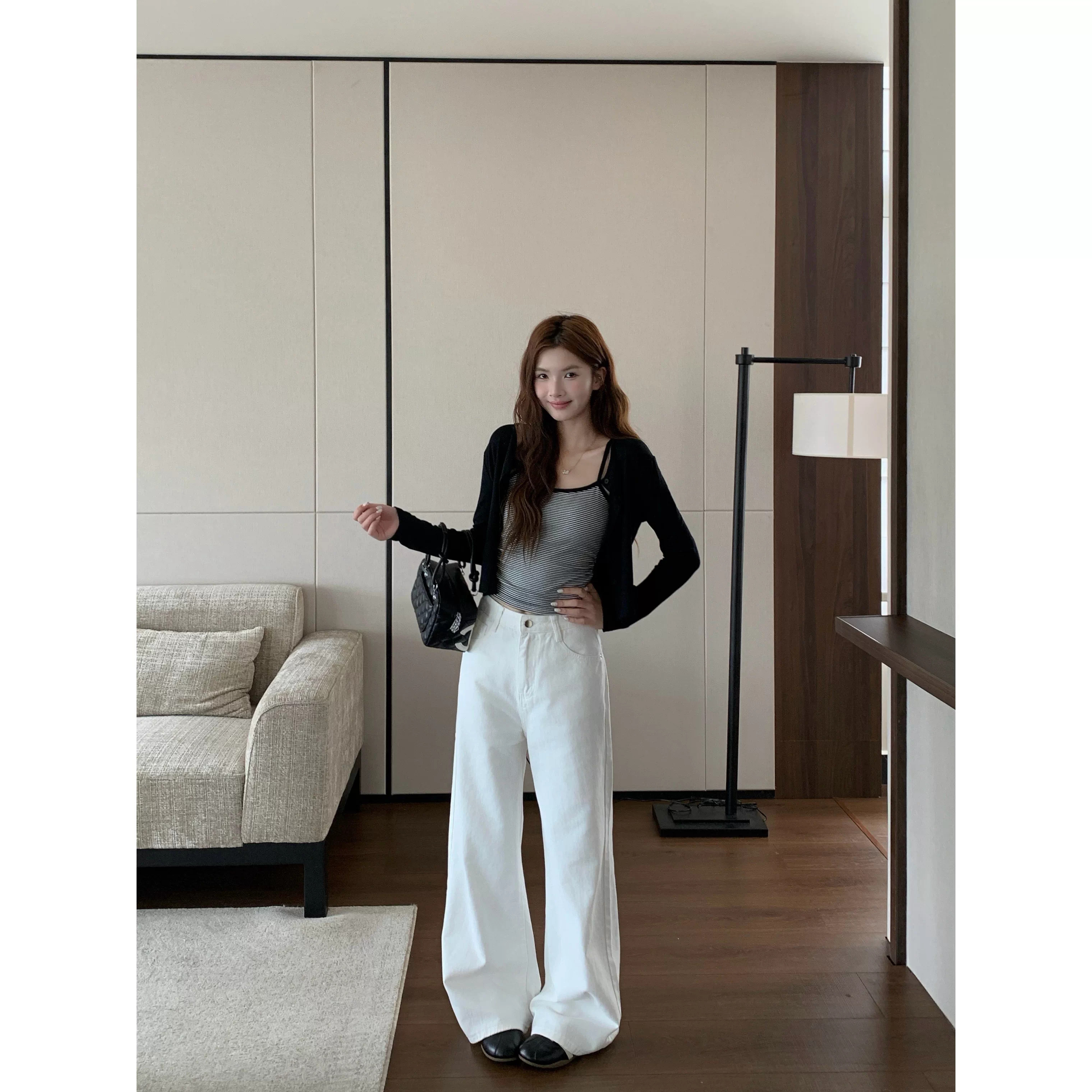 白色高腰阔腿拖地显瘦牛仔裤女