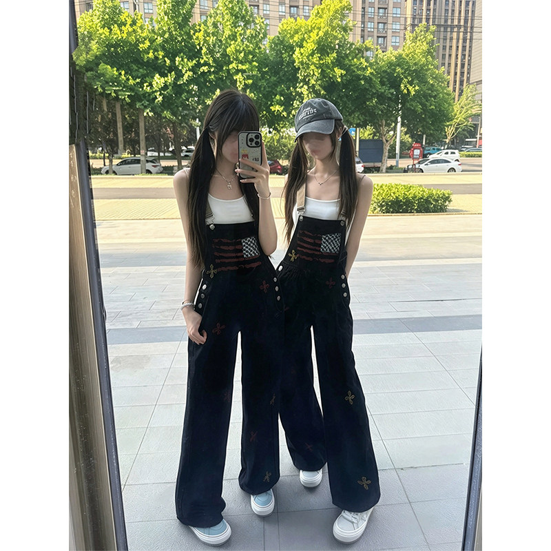 夏季韩系涂鸦阔腿显瘦牛仔背带裤