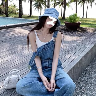 韩版复古自留水洗牛仔背带裤夏季新款宽松显瘦直简阔腿连体长裤女