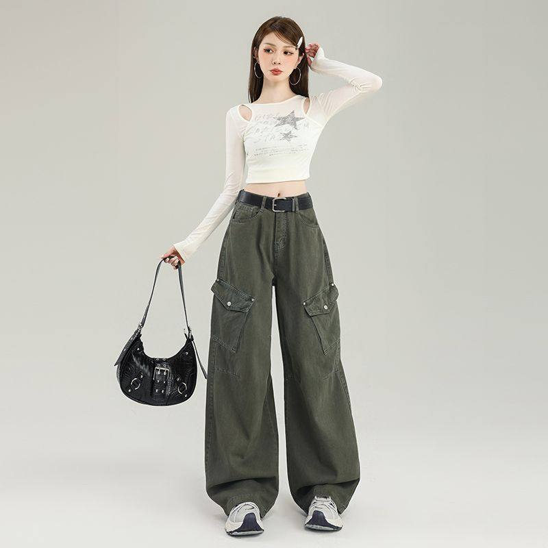 复古工装风军绿色阔腿牛仔裤女2026年新款高腰宽松多口袋显瘦长裤