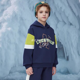马其顿男童冬季加绒连帽卫衣 拼色儿童运动休闲套头衫印花厚上衣