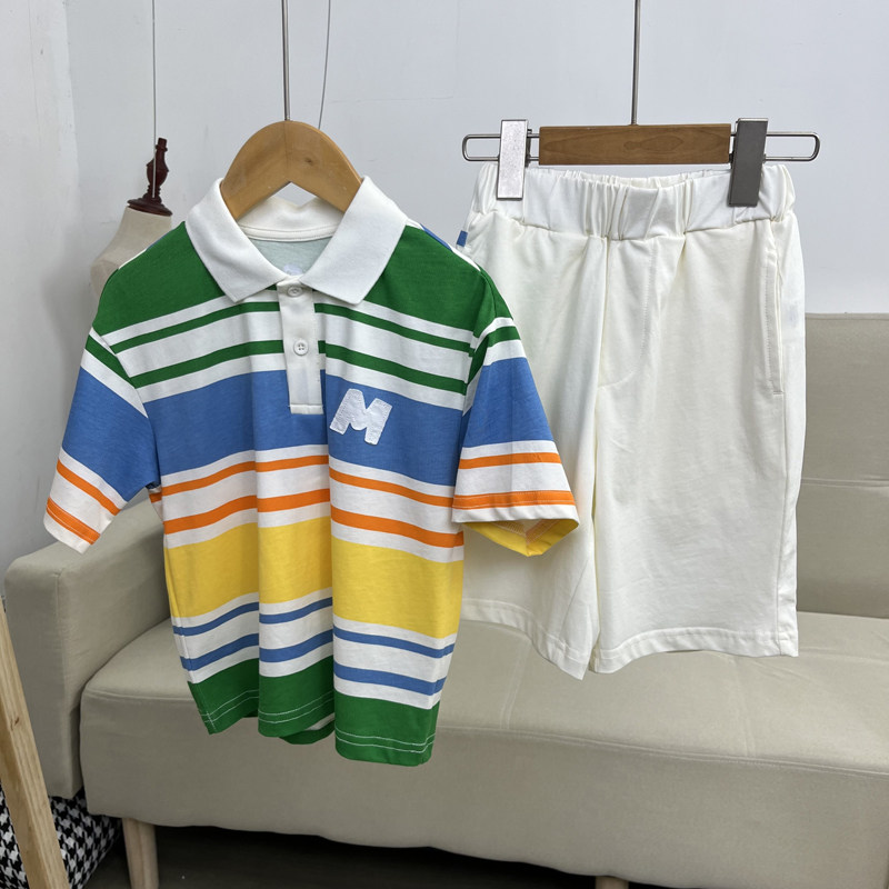 马家童装夏季新款 男童条纹POLO衫 纯棉彩条中大童翻领短袖套装