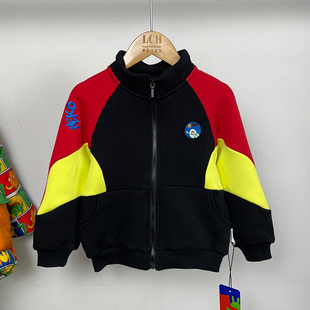 马其顿童装冬款男童立领拉链卫衣拼接印花潮男小童加绒保暖外套潮