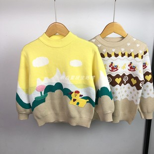 90-140码 马其顿童装冬季女童针织衫毛衣卡通撞色女小童圆领线衣