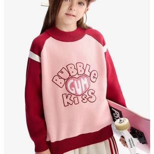 马其顿冬季款女童袖子撞色字母刺绣毛衣纯棉半高领女孩子洋气上衣