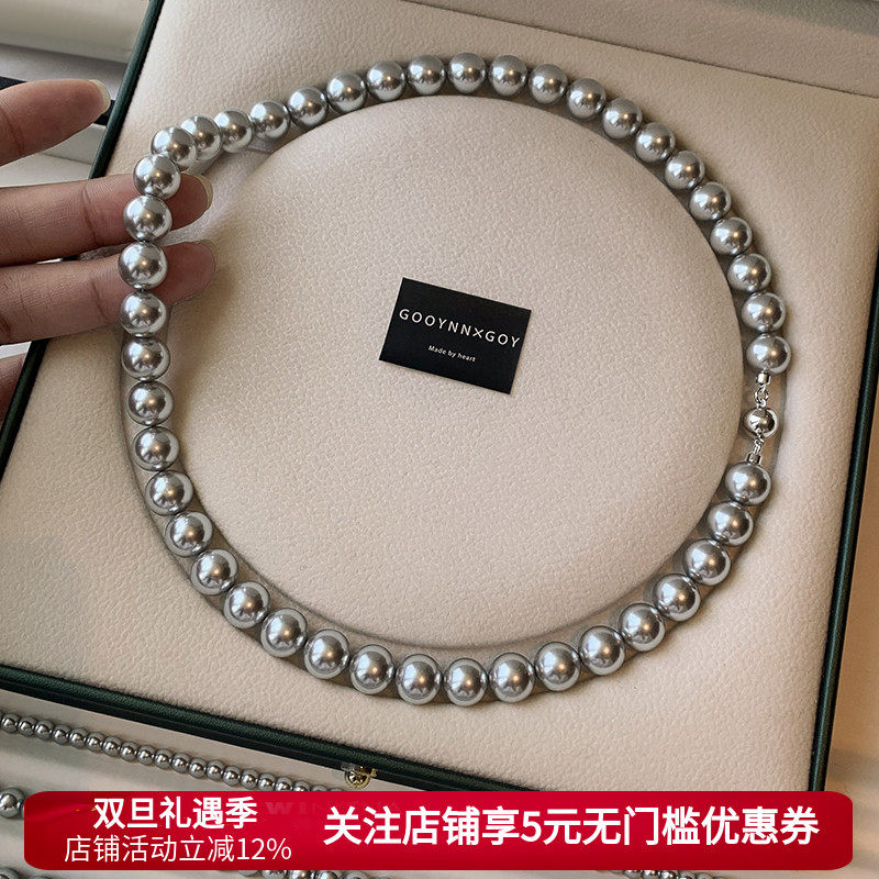 真多麻铂金银灰色施家珍珠项链女士秋冬配饰高级感轻奢锁骨毛衣链