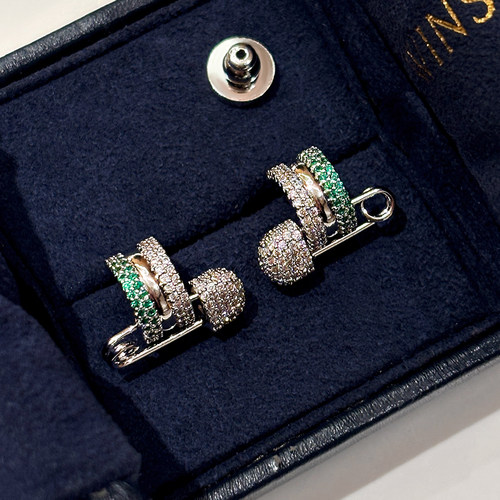 独特纯银绿色别针耳环女