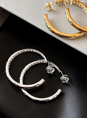 999纯银夸张小香风菱格大耳圈耳环女轻奢高级感耳钉圆圈独特耳饰