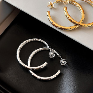 999纯银夸张小香风菱格大耳圈耳环女轻奢高级感耳钉圆圈独特耳饰