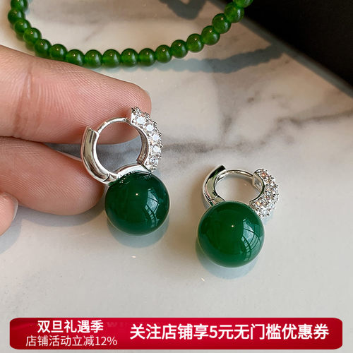 天然绿色玛瑙新中式复古耳环女
