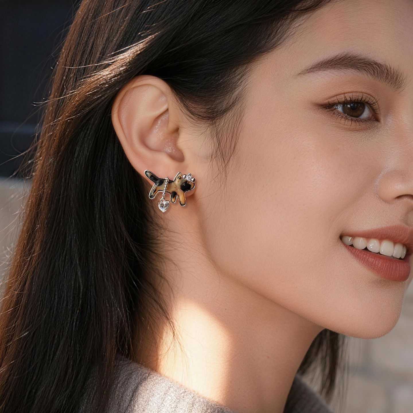 纯银针复古豹纹钻石小猫耳钉女款2026新款独特漂亮耳环耳骨夹耳饰