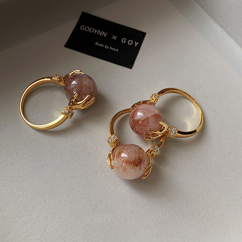 粉色天然石红胶花玉石戒指女轻奢小众设计个性中古玛瑙独特食指环