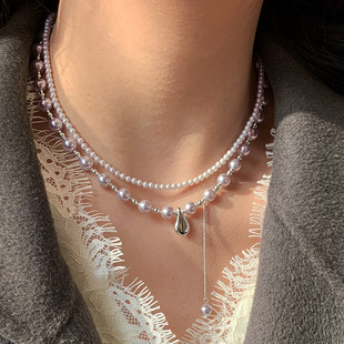 施家华子流苏淡紫色珍珠项链女轻奢高级感秋冬叠戴独特锁骨毛衣链