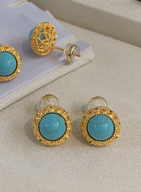 925纯银天然绿松石耳钉女轻奢小众蓝色耳环中古秋冬耳饰2026新款