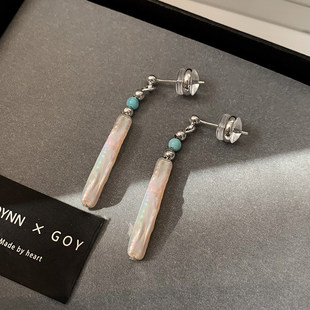 天然巴洛克牙签真珍珠耳环女纯银耳钉长条耳坠绿松石秋冬独特耳饰