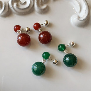 新中式纯银天然绿色玉髓耳钉女轻奢高级感耳坠红玛瑙耳环秋冬耳饰