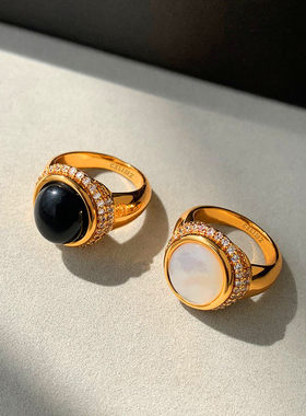 中古白贝母满钻复古黑色玛瑙戒指女小众设计轻奢高级感夸张食指环