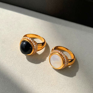 中古白贝母满钻复古黑色玛瑙戒指女小众设计轻奢高级感夸张食指环
