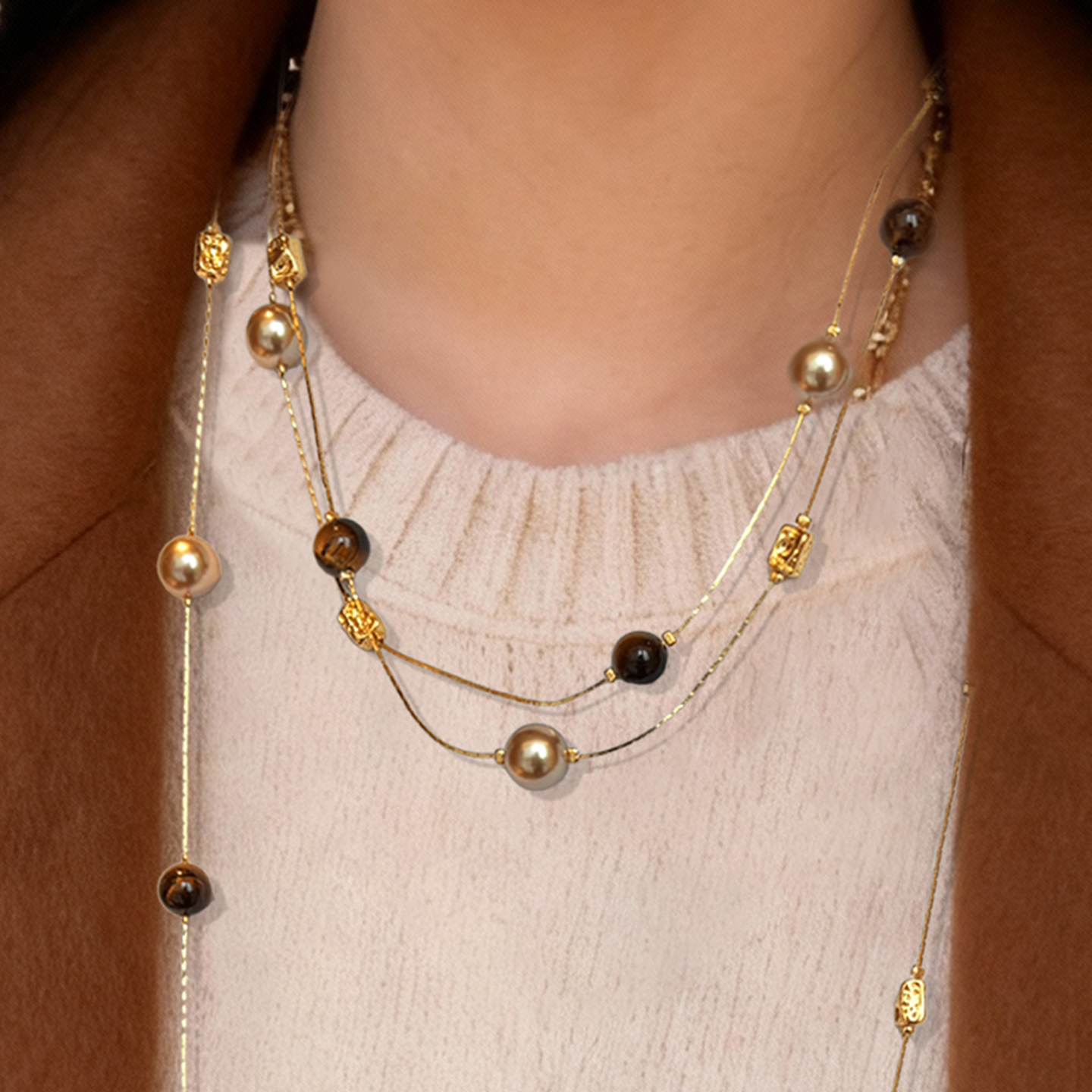 天然虎眼石美拉德珍珠项链女